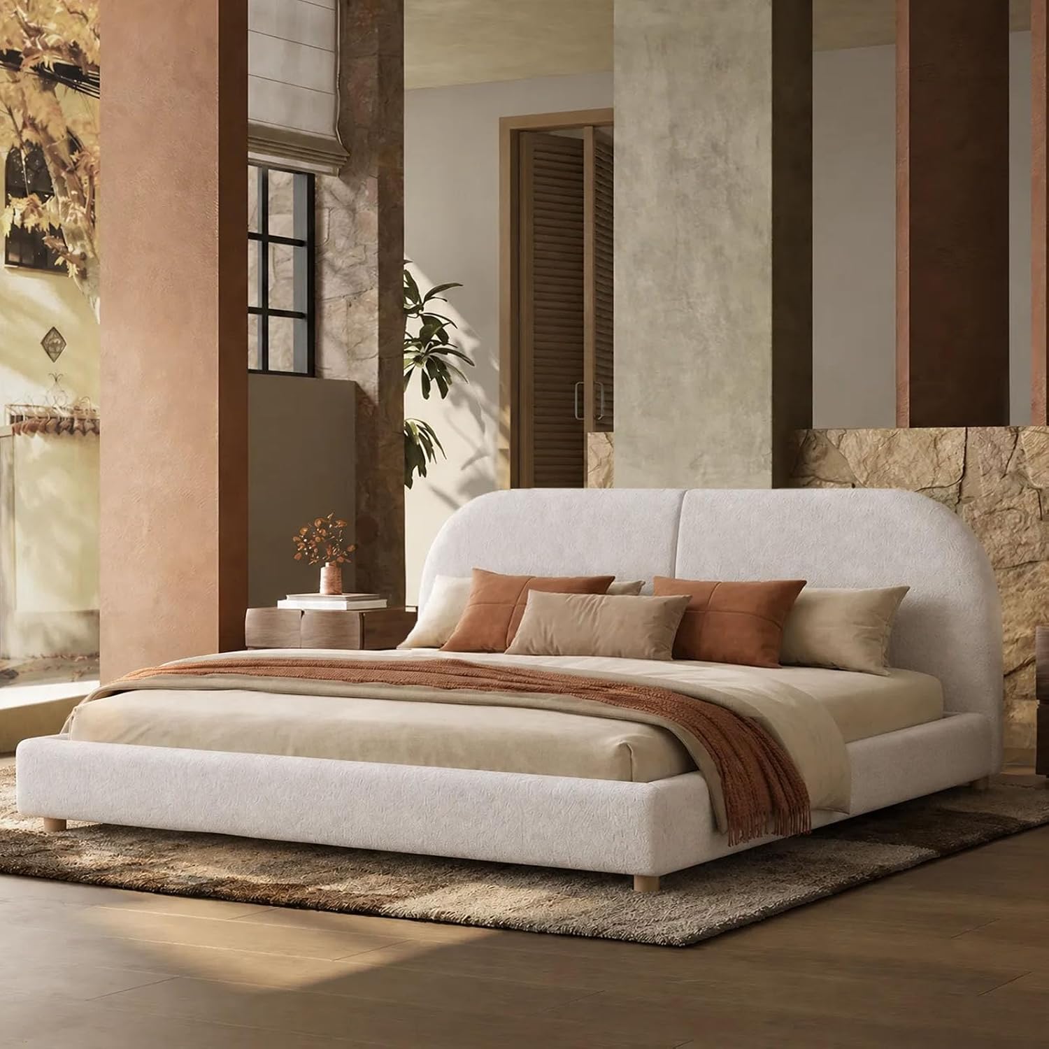 Kenhome Queen Size Boucle Cloud Bed Frame, Upholstered Platform Bed with Curved Headboard & Solid Wood Frame, Luxurious & Easy Assembly (Beige, Queen (U.S. Standard))
