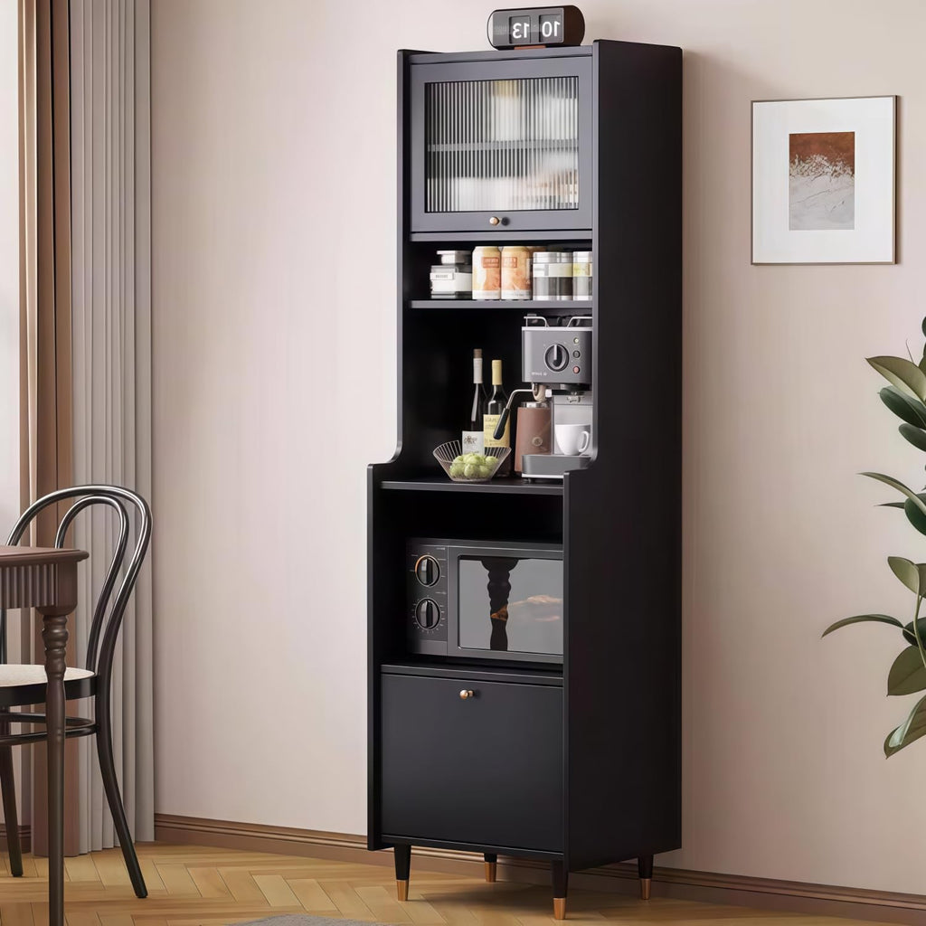 Kavie Solid Wood Kitchen Pantry Cabinet, Narrow Tall Sideboard with Acrylic Doors & Appliance Space, Modern Vintage Tea Station (Black,19.6" L*15.7" W*68.5" H)