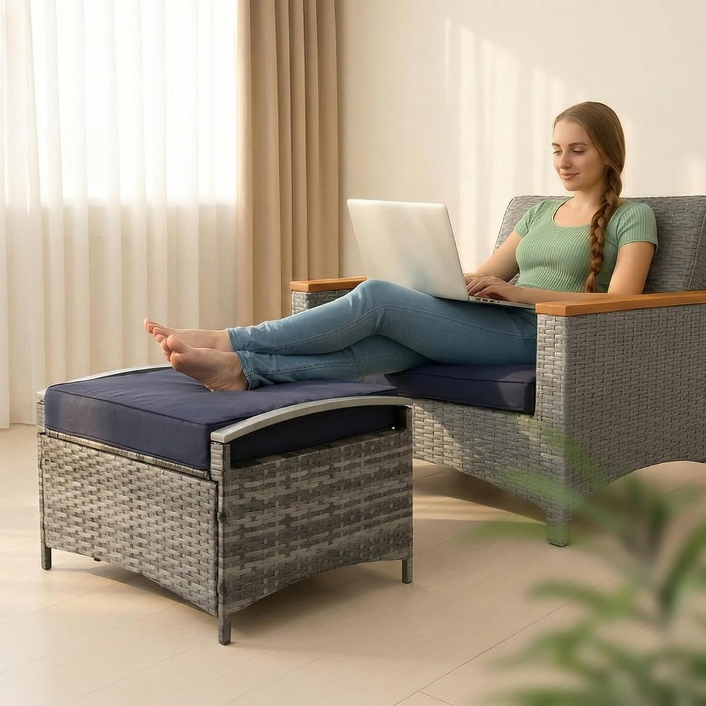 VINGLI 2 Pieces Outdoor Ottoman with Storage, Wicker Ottoman Patio Furniture w/Removable Cushion, Multipurpose Footrest Stool for Outdoor (Grey)