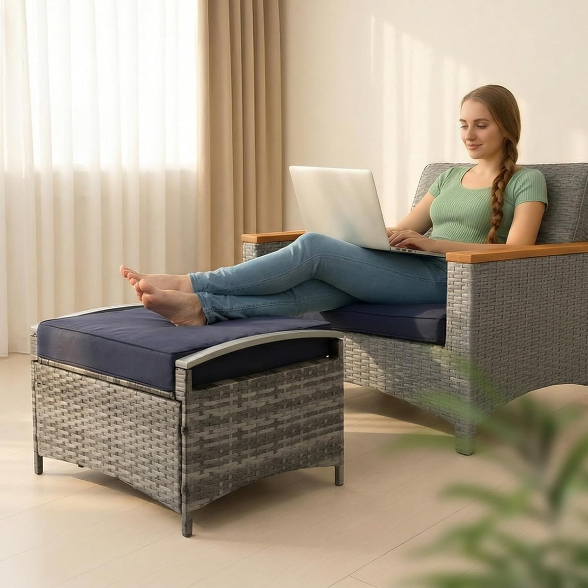 VINGLI 2 Pieces Outdoor Ottoman with Storage, Wicker Ottoman Patio Furniture w/Removable Cushion, Multipurpose Footrest Stool for Outdoor (Grey)