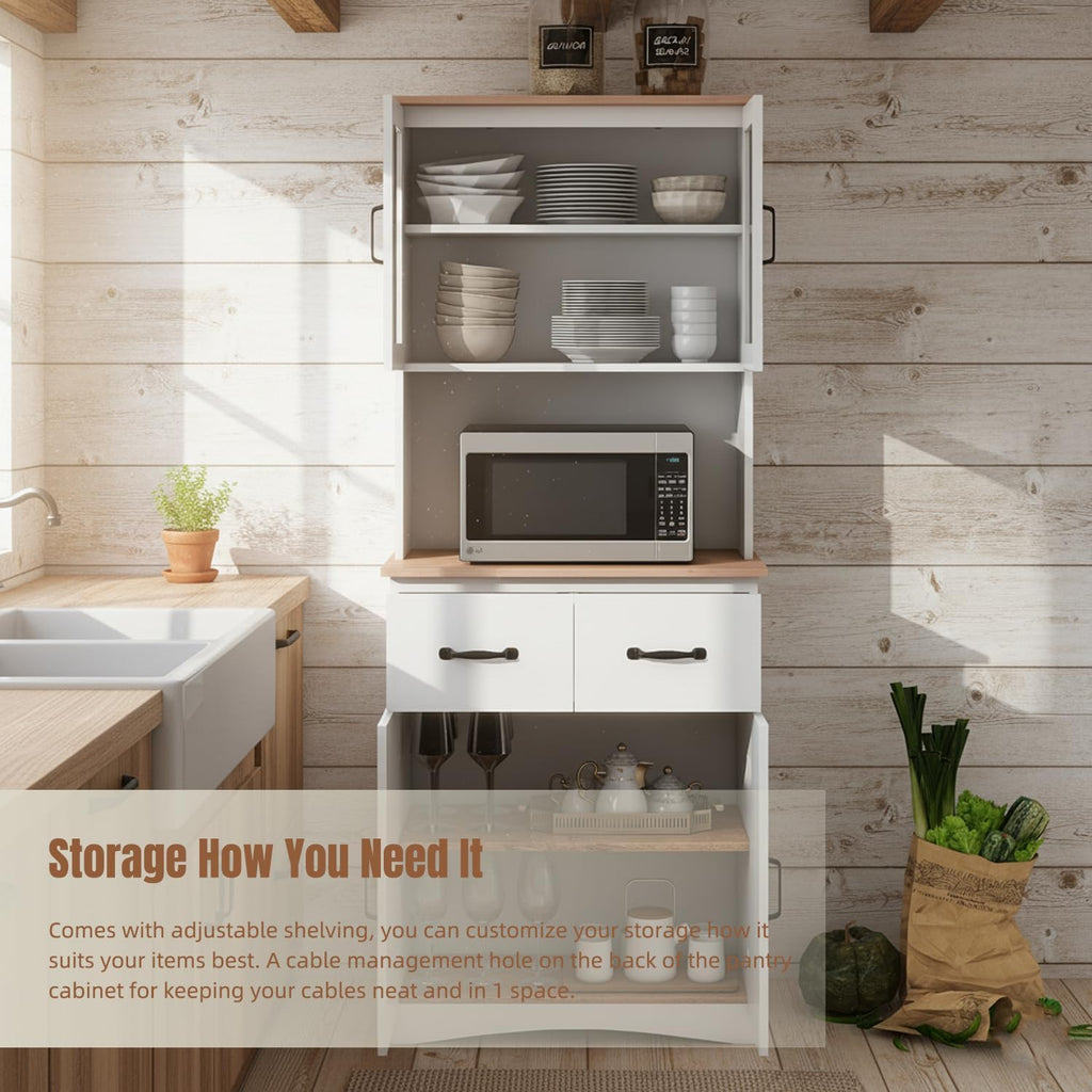 Microwave Cart with Storage, Freestanding Kitchen Pantry Cabinet with Stand & Adjustable Shelves, Farmhouse Multi-Function Organizer with Drawers, Glass Doors for Dining Room Office Dorm, White