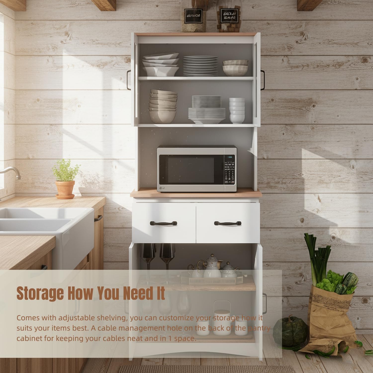 Microwave Cart with Storage, Freestanding Kitchen Pantry Cabinet with Stand & Adjustable Shelves, Farmhouse Multi-Function Organizer with Drawers, Glass Doors for Dining Room Office Dorm, White