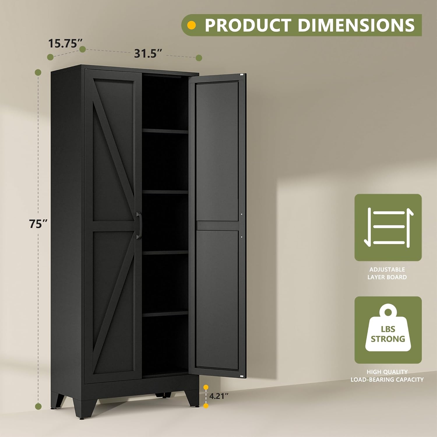RAVIGIN Farmhouse Storage Cabinet,75" H Metal Pantry Cabinet with Barn Doors and Adjustable Shelves,75" H 6-Tier Rustic Pantry Organizers for Kitchen,Dining Room,Black