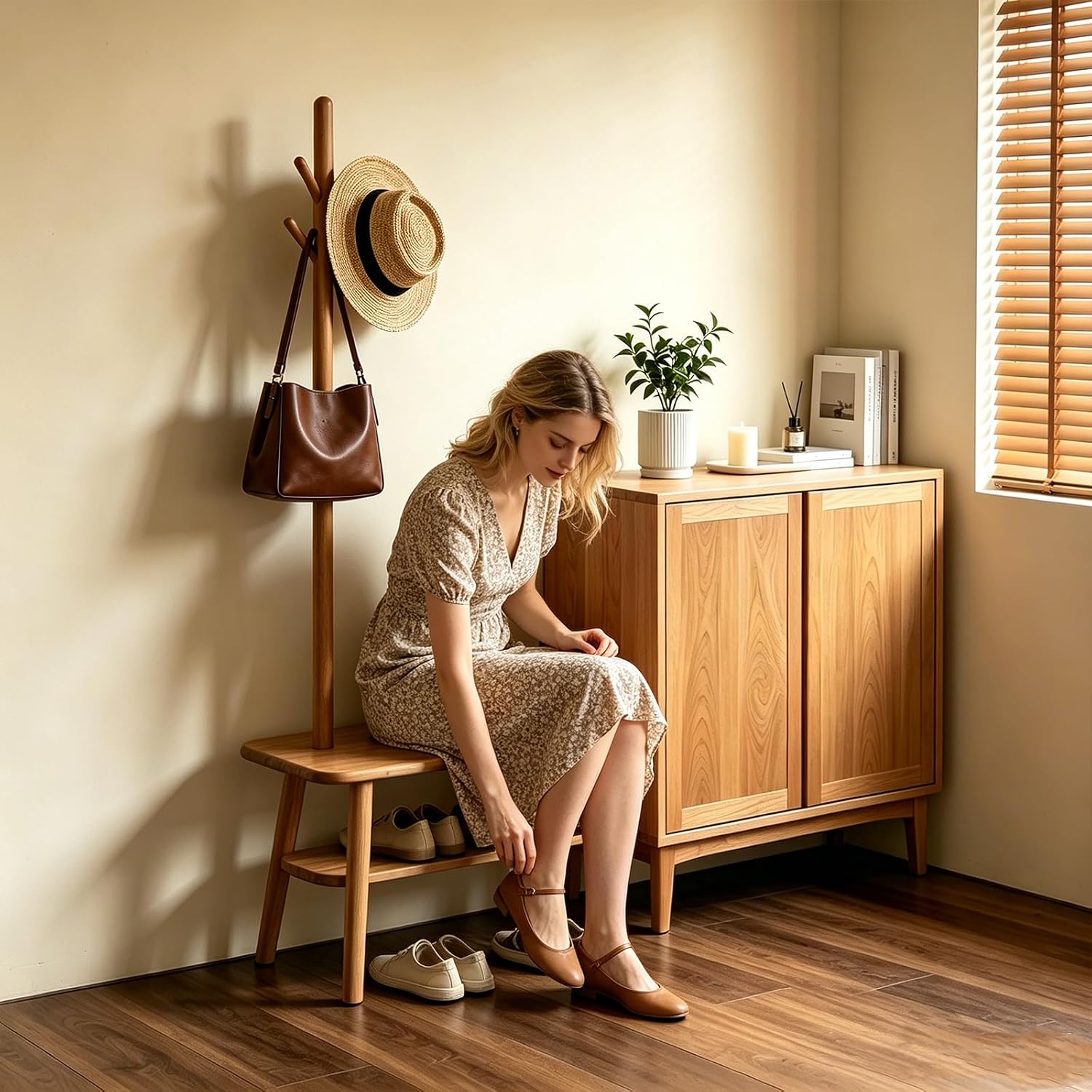 Solid Oak Coat Rack with Bench, 2-in-1 Shoe Bench and Coat Rack, Narrow Wooden Entryway Organizer with Hooks for Hallway, Foyer, Bedroom, Natural Oak Finish