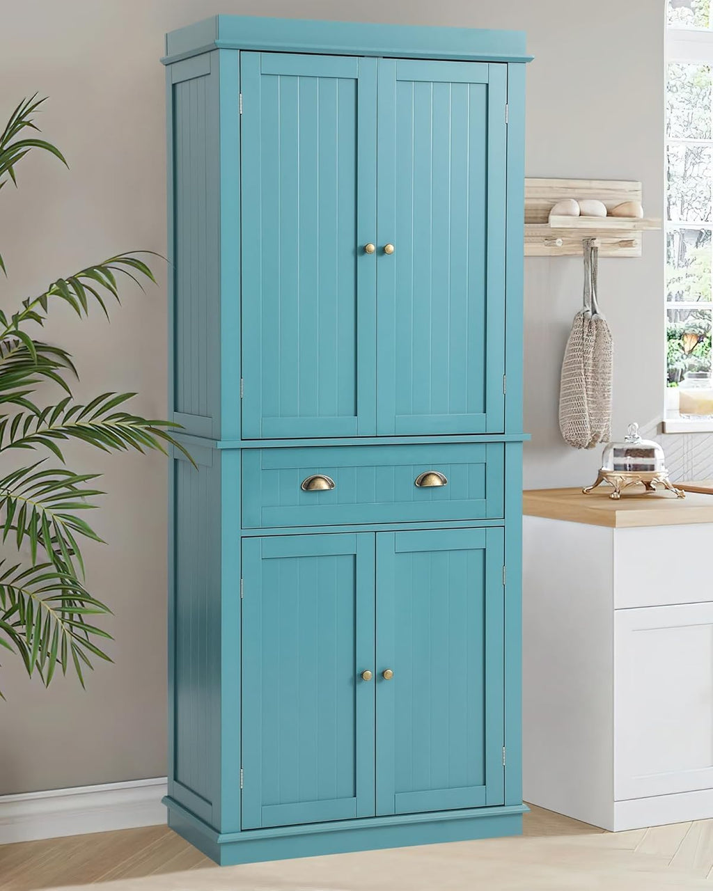LOUVIXA 72" Kitchen Pantry Storage Cabinet, Freestanding Cupboard with 2 Cabinets, Drawer and Adjustable Shelves, Tall Storage Cabinet for Kitchen, Dinning Room, Living Room (Lake Blue)