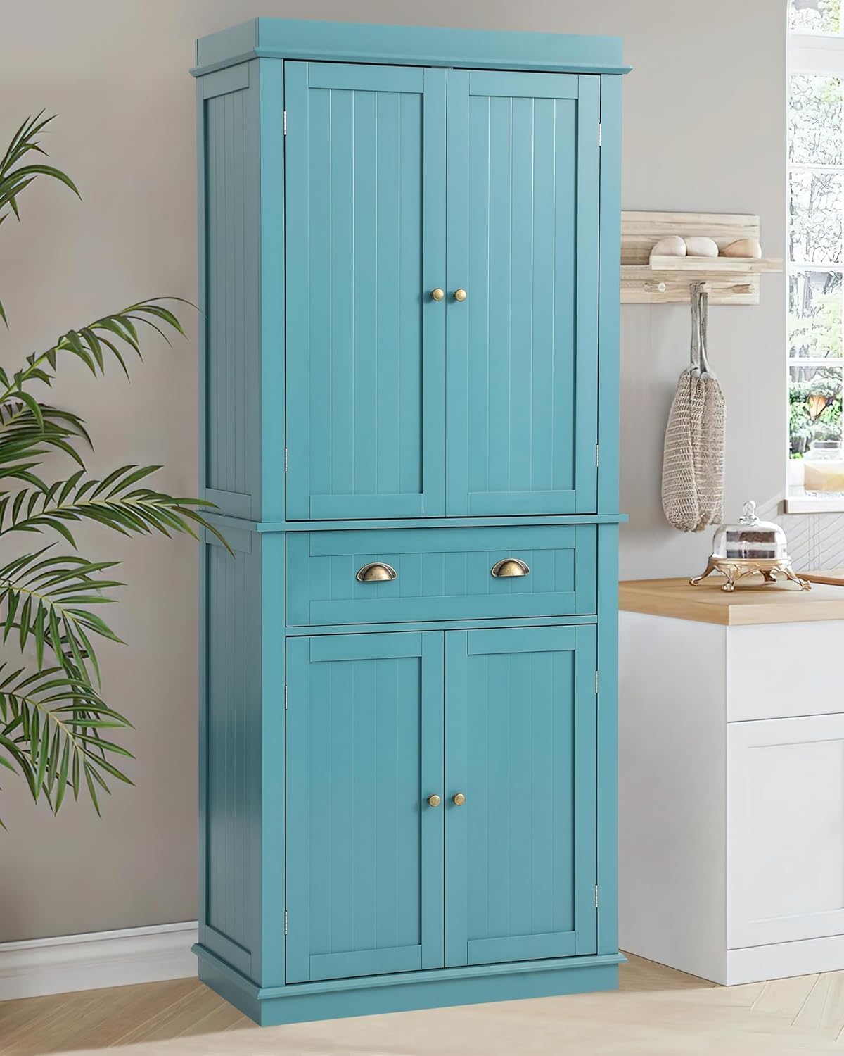 LOUVIXA 72" Kitchen Pantry Storage Cabinet, Freestanding Cupboard with 2 Cabinets, Drawer and Adjustable Shelves, Tall Storage Cabinet for Kitchen, Dinning Room, Living Room (Lake Blue)