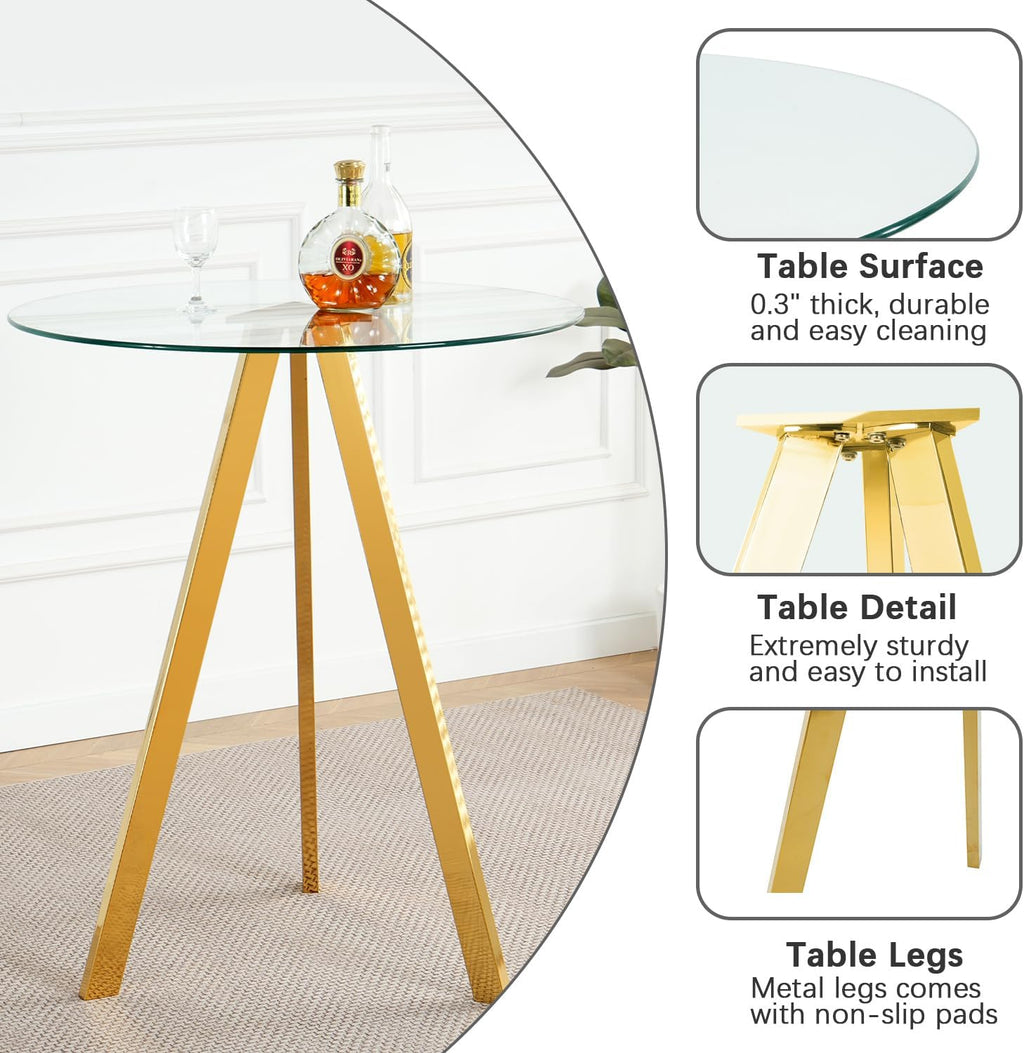 31.5'' Glass Round Bar Table with Stools Set for 2, Modern High Top Pub Table & 2 Adjustable Metal Bar Stool Velvet Swivel Counter Height Bars Chairs (Gold Metal Legs, Clear Top + Beige Chair)