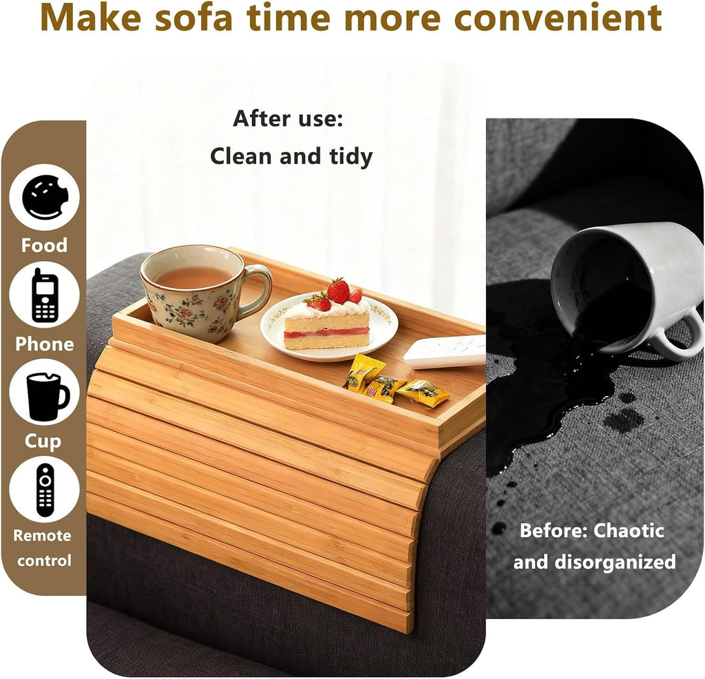 Bamboo Couch Arm Tray Table, Foldable Sofa Rest with Non-Slip Base Portable Armchair Cup Phone Holder for Drinks, Remote, Snacks Fits Most Recliners Couches, Easy-Clean Surface(Bamboo)
