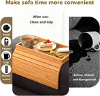 Bamboo Couch Arm Tray Table, Foldable Sofa Rest with Non-Slip Base Portable Armchair Cup Phone Holder for Drinks, Remote, Snacks Fits Most Recliners Couches, Easy-Clean Surface(Bamboo)