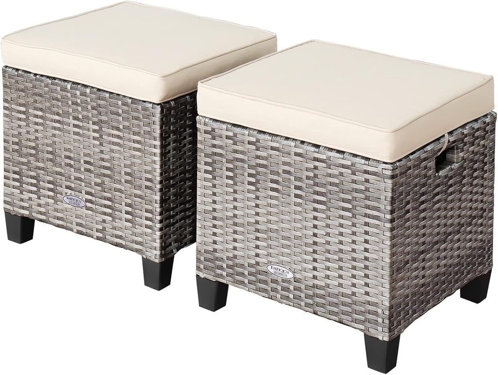 LDAILY Moccha 2 Pieces Patio Outdoor Ottoman, All Weather Rattan Patio Ottoman Set w/Removable Cushions, Footrest Seat Outdoor Footstool (Mix Grey + White)