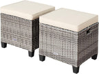 LDAILY Moccha 2 Pieces Patio Outdoor Ottoman, All Weather Rattan Patio Ottoman Set w/Removable Cushions, Footrest Seat Outdoor Footstool (Mix Grey + White)