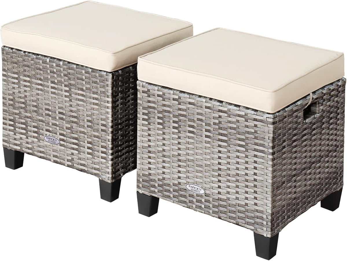 LDAILY Moccha 2 Pieces Patio Outdoor Ottoman, All Weather Rattan Patio Ottoman Set w/Removable Cushions, Footrest Seat Outdoor Footstool (Mix Grey + White)