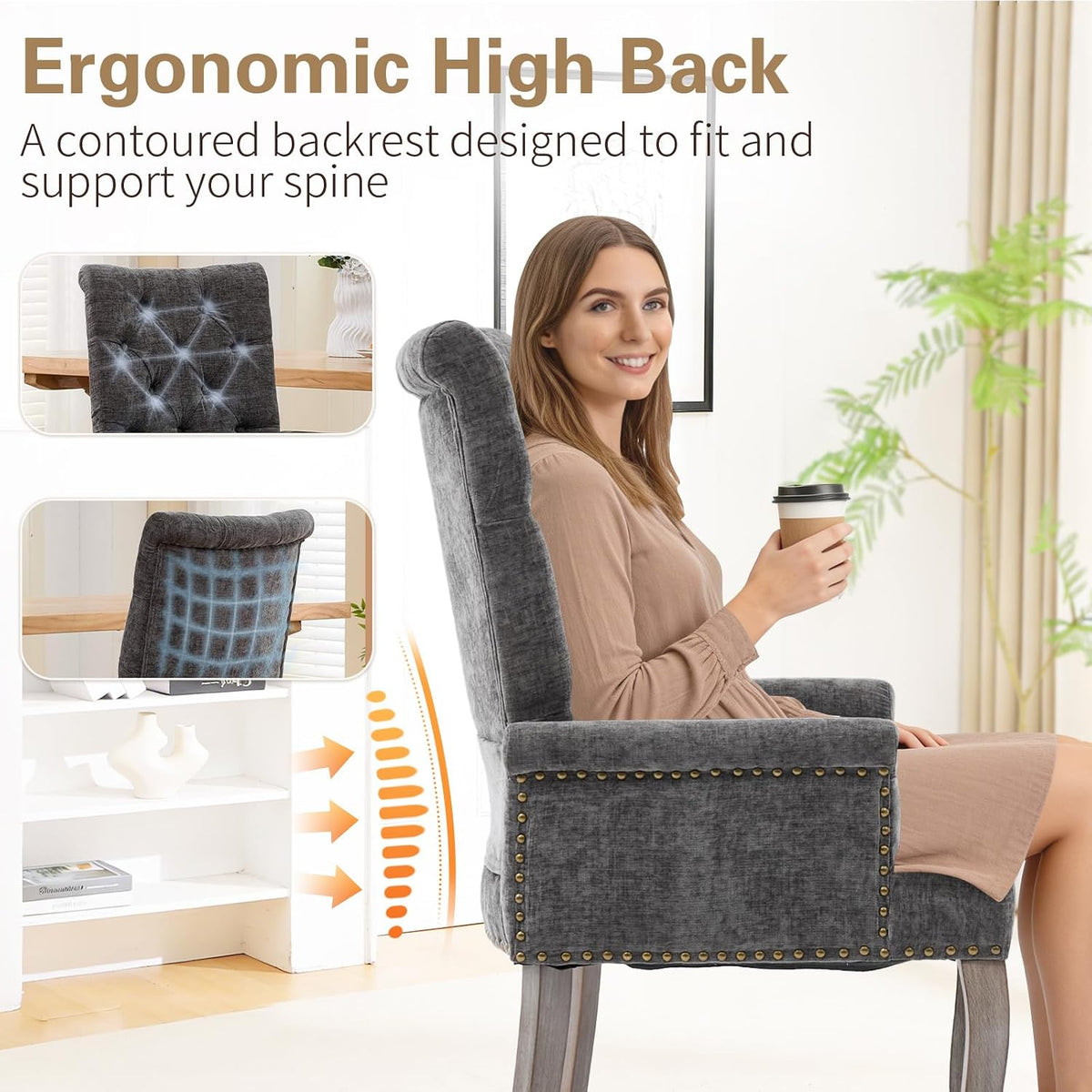 cinkehome Upholstered Dining Chairs, Dining Room Kitchen Chair with Armrest and Solid Wood Leg, Mid Century Modern Side Chairs (Gray, Chenille)