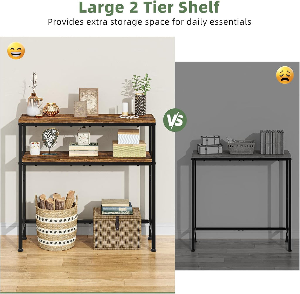 Simple Trending Console Table, 2-Tier Narrow Sofa Table, Rustic Brown | Entryway Table with Storage Shelf, Metal Frame, Adjustable Feet Pads, for Entryway, Living Room, 8 x 31.75 x 31.25Inches