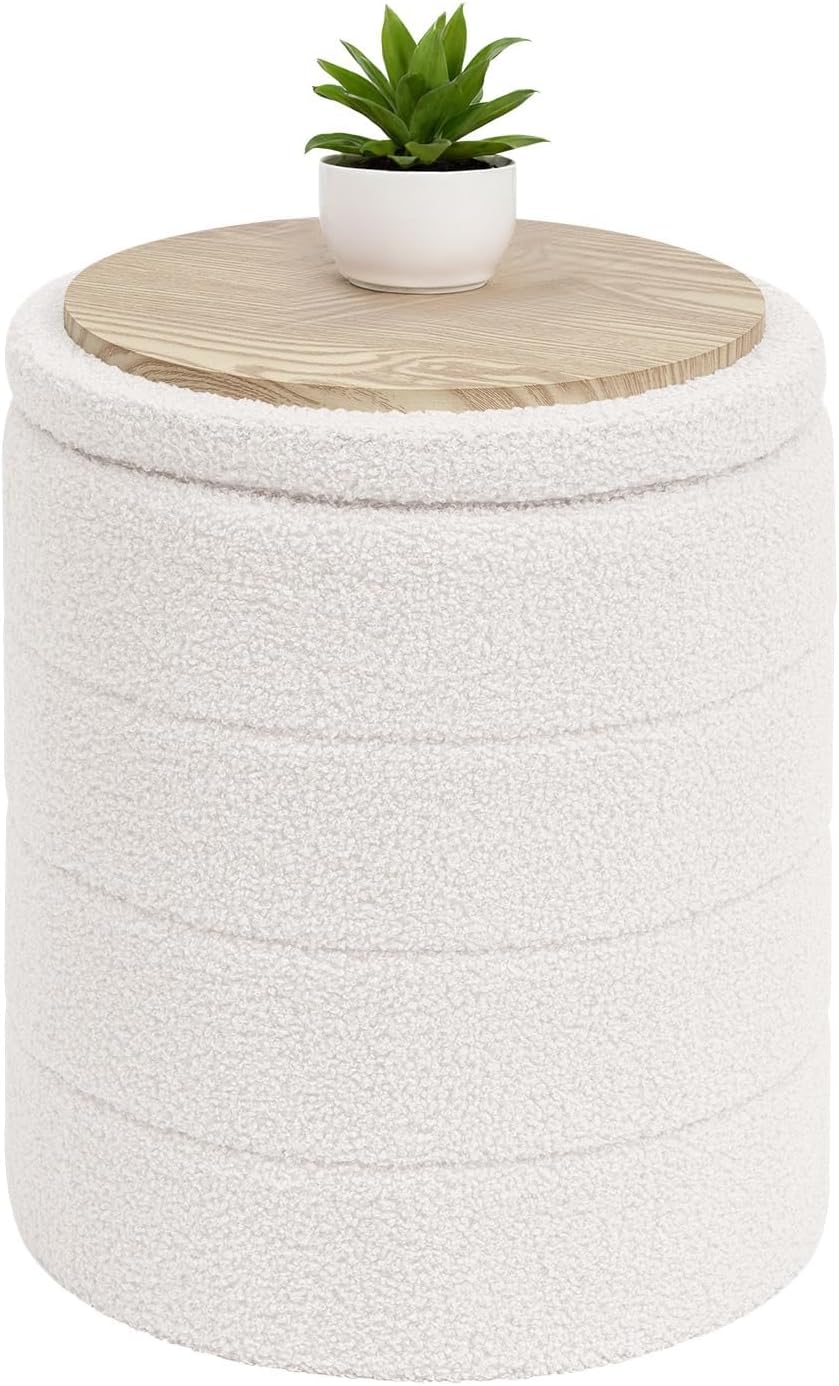 B FSOBEIIALEO Ottoman with Stroage, Round Sherpa Storage Ottoman Stool, Boucle Foot Rest 14.6"x14.6"x17.7"（Cream White