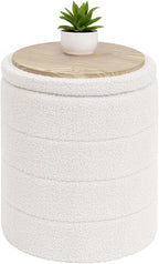B FSOBEIIALEO Ottoman with Stroage, Round Sherpa Storage Ottoman Stool, Boucle Foot Rest 14.6"x14.6"x17.7"（Cream White
