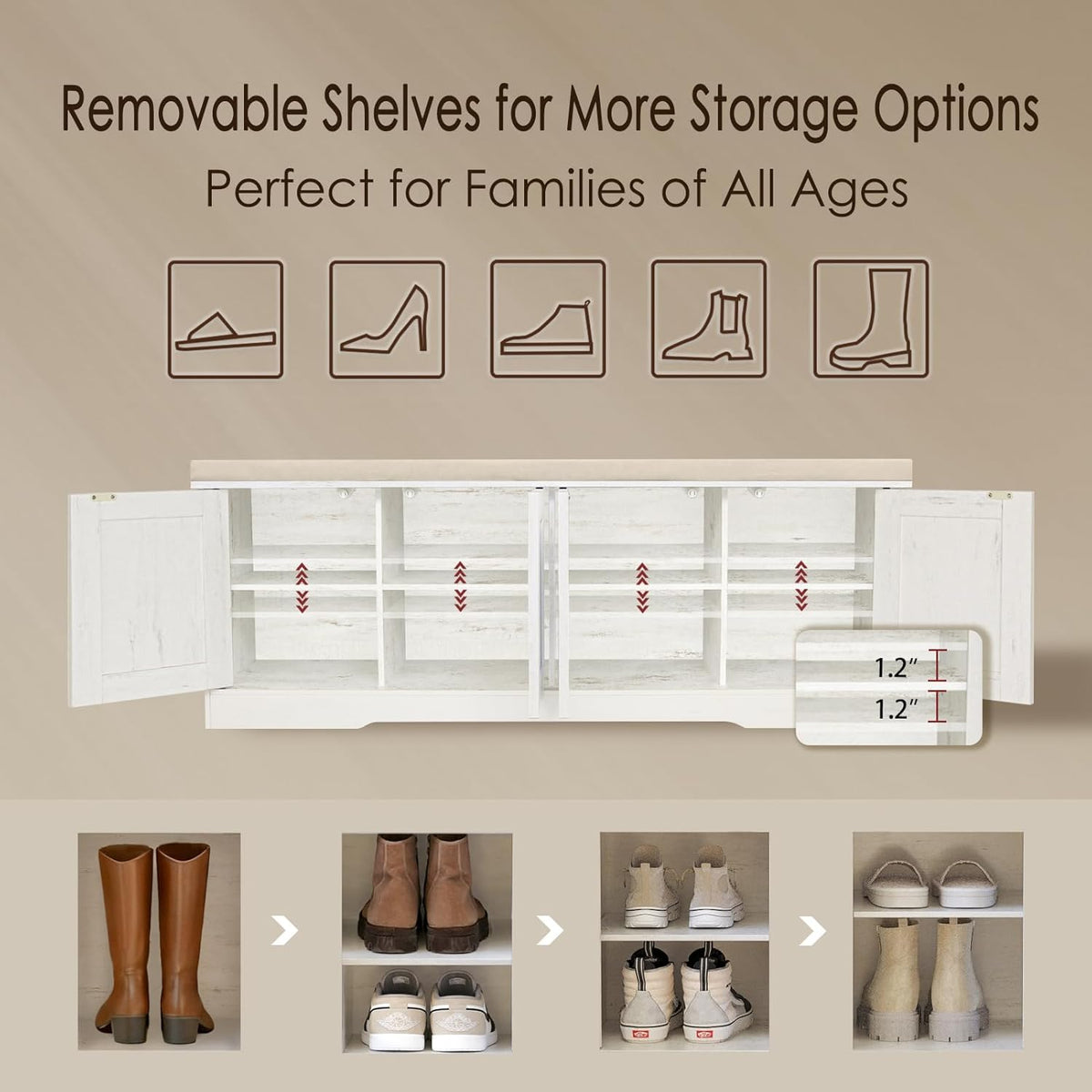 DINZI LVJ Shoe Bench, Entryway Storage Bench with Doors, Cushion, 2-Tier Shoe Rack with 8-Cubby, 47.2”L x 13.8”W Farmhouse Shoe Organizer Cabinet, Adjustable Shelf, Living Room, Bedroom, Rustic White