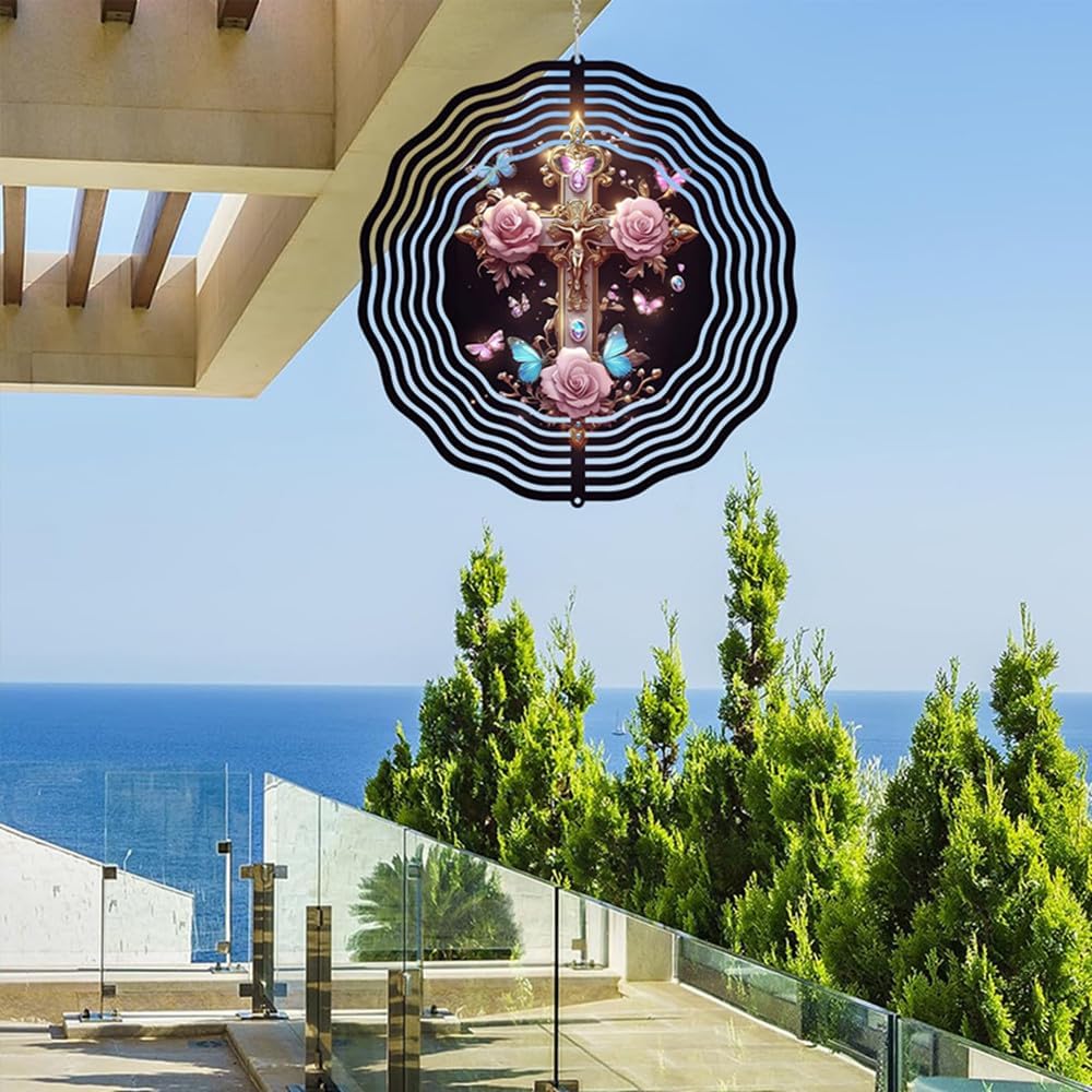 Jesus Cross Wind Spinner, Metal Wind Spinners Outdoor/Indoor, Cross Hanging Garden Decor for Outside, Stainless Wind Spinners for Yard and Garden 10 inch 3D (25.76X25 CM)
