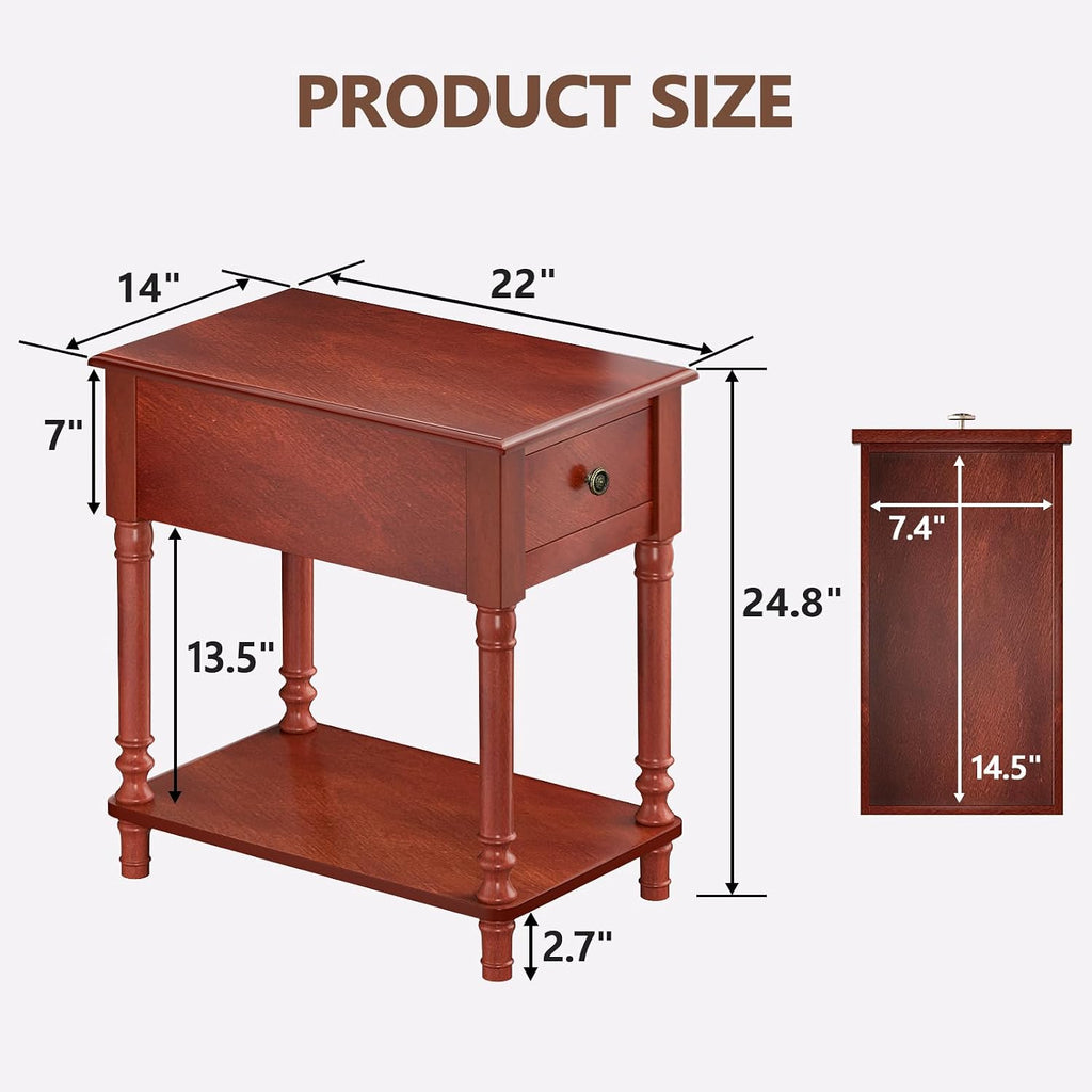 ROOMTEC Solid Wood End Table with Drawer and Shelf, Narrow Side Table Living Room, Vintage Wood Narrow Sofa Side Table, Nightstand for Bedroom, 14" W x 22" D x 24.8" H