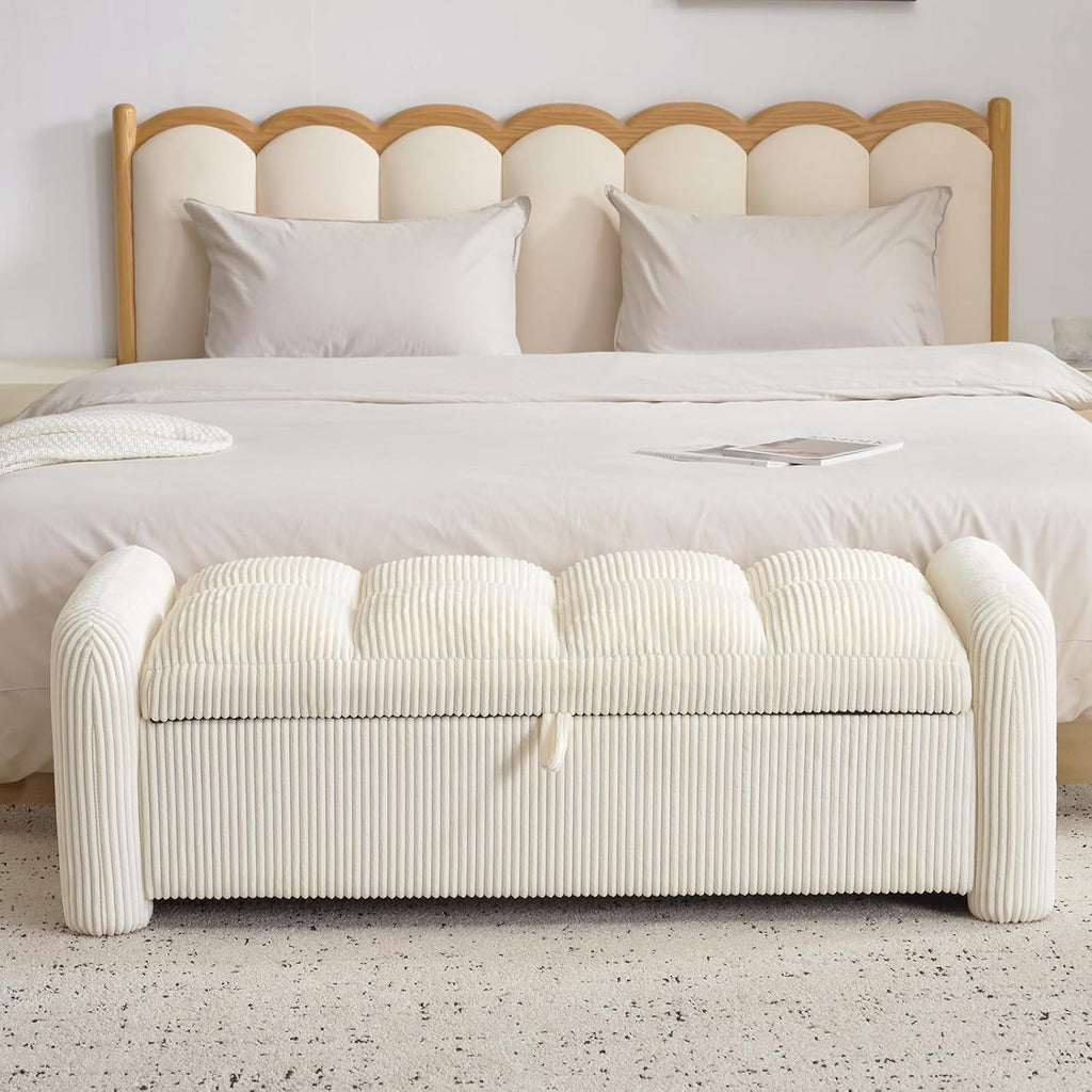 Oversized Corduroy Ottoman Bench with Storage, Upholstered End of Bed Bench for Bedroom, Ottoman Foot Rest for Living Room, Beige