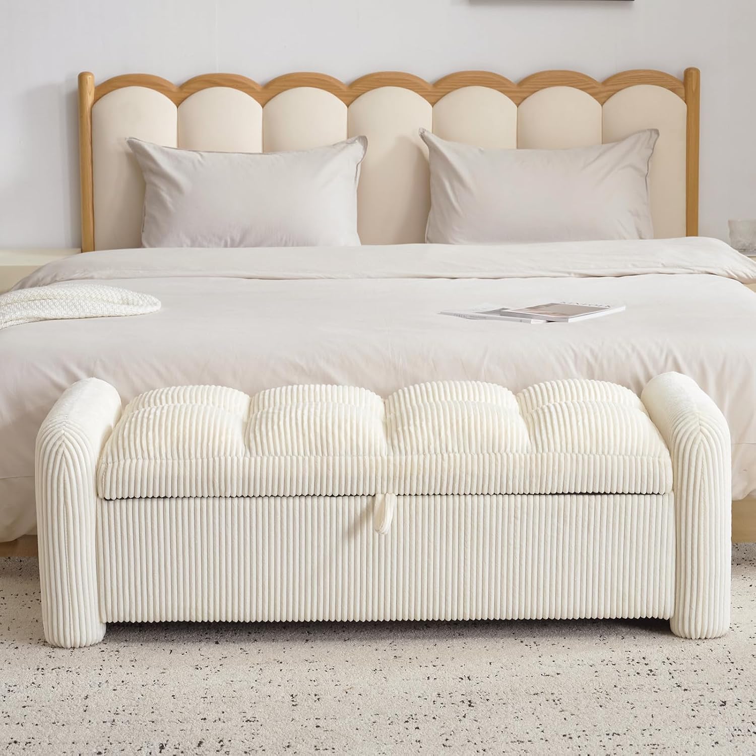 Oversized Corduroy Ottoman Bench with Storage, Upholstered End of Bed Bench for Bedroom, Ottoman Foot Rest for Living Room, Beige