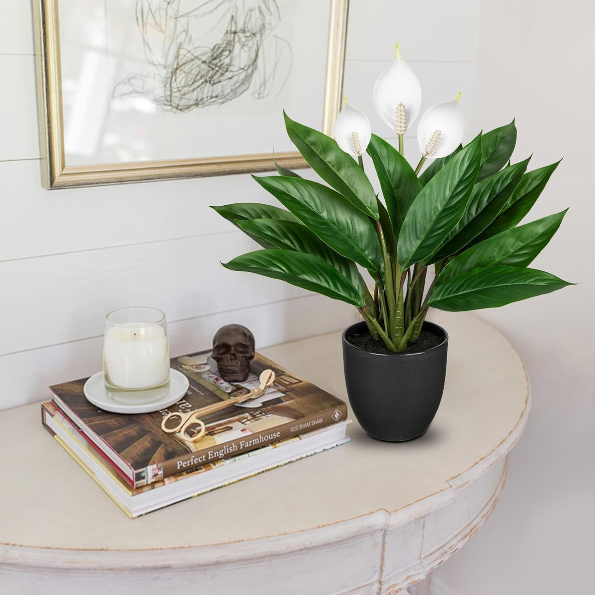 Fake Plants 20'' Faux Plants Artificial Potted Plants Indoor Realistic White Anthurium Artificial Flowers, Fake Potted Plants for Home Office Farmhouse Kitchen Bathroom Table Shelf Decor