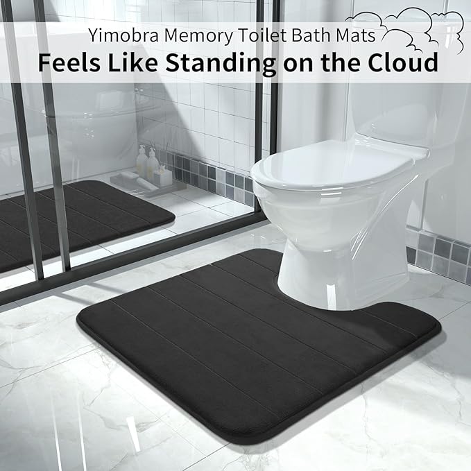 Yimobra Memory Foam Toilet Bath Mat U-Shaped, Commode Contour Rug, Soft and Comfortable, Super Water Absorption, Non-Slip, Thick, Machine Wash and Easier to Dry for Bathroom, 24 X 24 Inches, Black