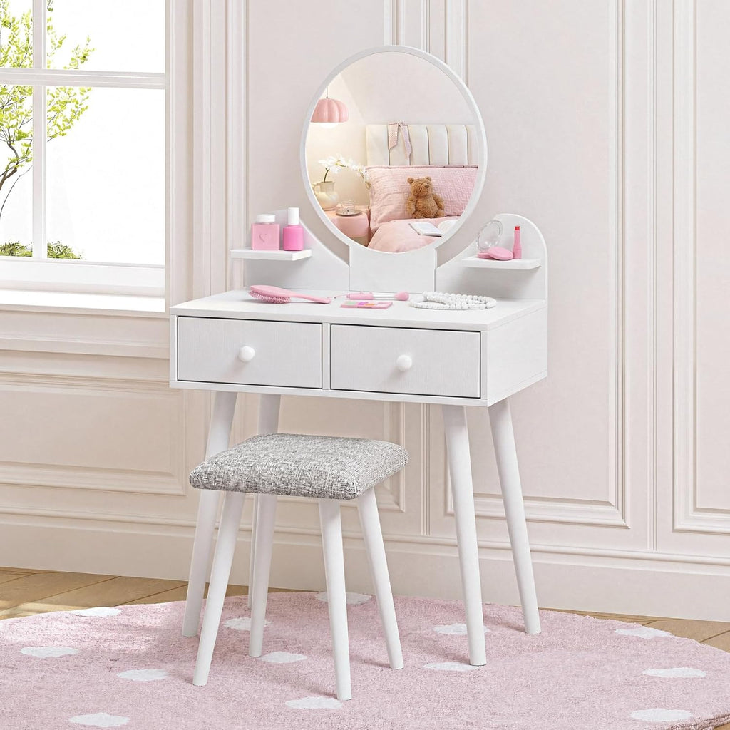 Arlopu Kids Vanity Table and Chair Set, 2 in 1 Girls Makeup Dressing Desk | with Detachable Large Mirror and Stool, Drawers, Shelves, Princess Wooden Pretend Play Toys for Little Girls (White)