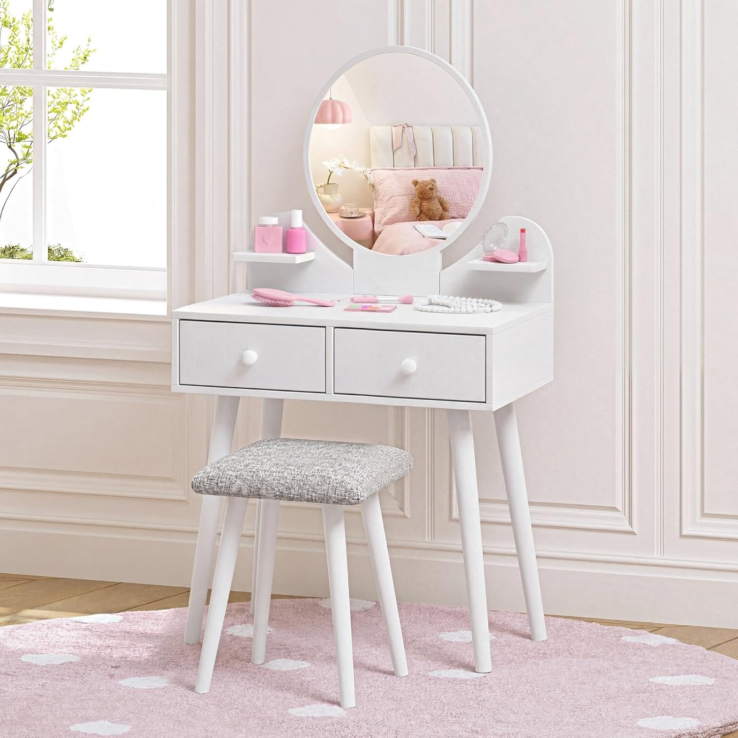 Arlopu Kids Vanity Table and Chair Set, 2 in 1 Girls Makeup Dressing Desk | with Detachable Large Mirror and Stool, Drawers, Shelves, Princess Wooden Pretend Play Toys for Little Girls (White)