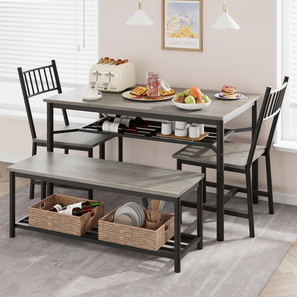 Dining Table Set for 4, Kitchen Table and Chairs for 4 with Wine Rack, Rectangular Dining Room Table Set with Bench, 4 Piece Dining Table Set for Small Space, Apartment, Retro Gray
