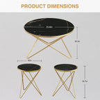 HLR Modern Round Coffee Table and Side Table Set of 3,End Table with Faux Marble Top and Gold Metal Frame, Side Table for Living Room, Bedroom, Sofa and Couch, Gold Legs, Black Marble Top