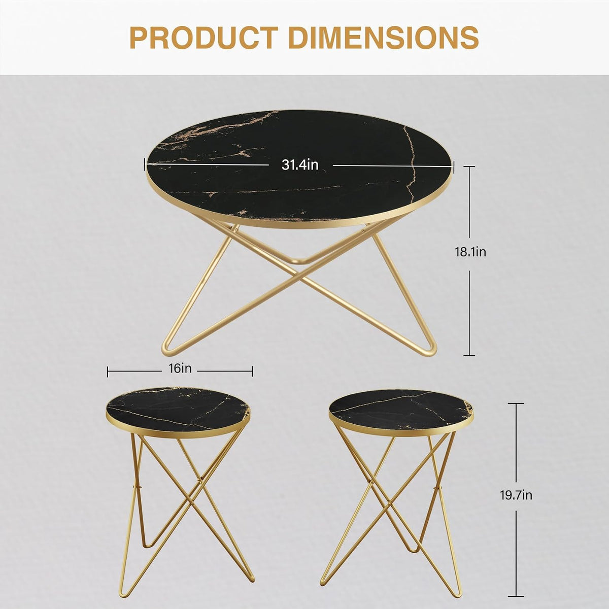 HLR Modern Round Coffee Table and Side Table Set of 3,End Table with Faux Marble Top and Gold Metal Frame, Side Table for Living Room, Bedroom, Sofa and Couch, Gold Legs, Black Marble Top