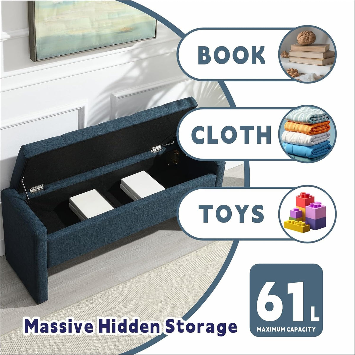 47.25'' Ottoman with Storage, End of Bed Storage Bench, Entryway Bench - Linen Upholstered Multi-Functional Footrest for Bedroom, Living Room, Dorm & Window Bench (A-Blue)