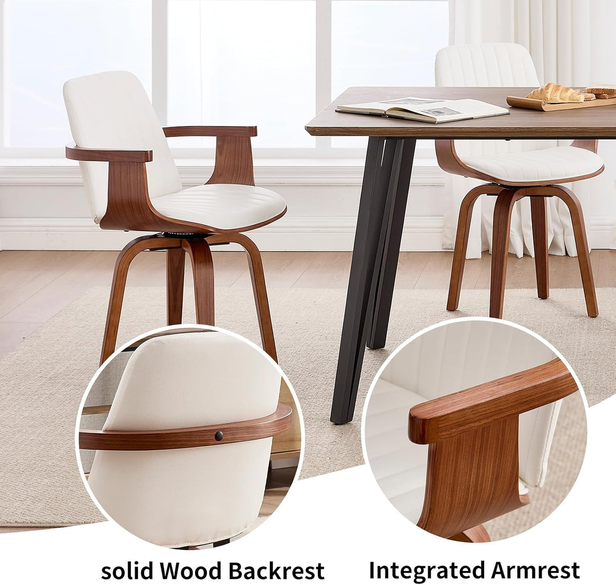 VipDesk Swivel Dining Chairs Set of 2 - Mid Century Modern Kitchen Chairs for Dining Room, Upholstered PU Leather Chairs with Walnut Arms and Legs, White
