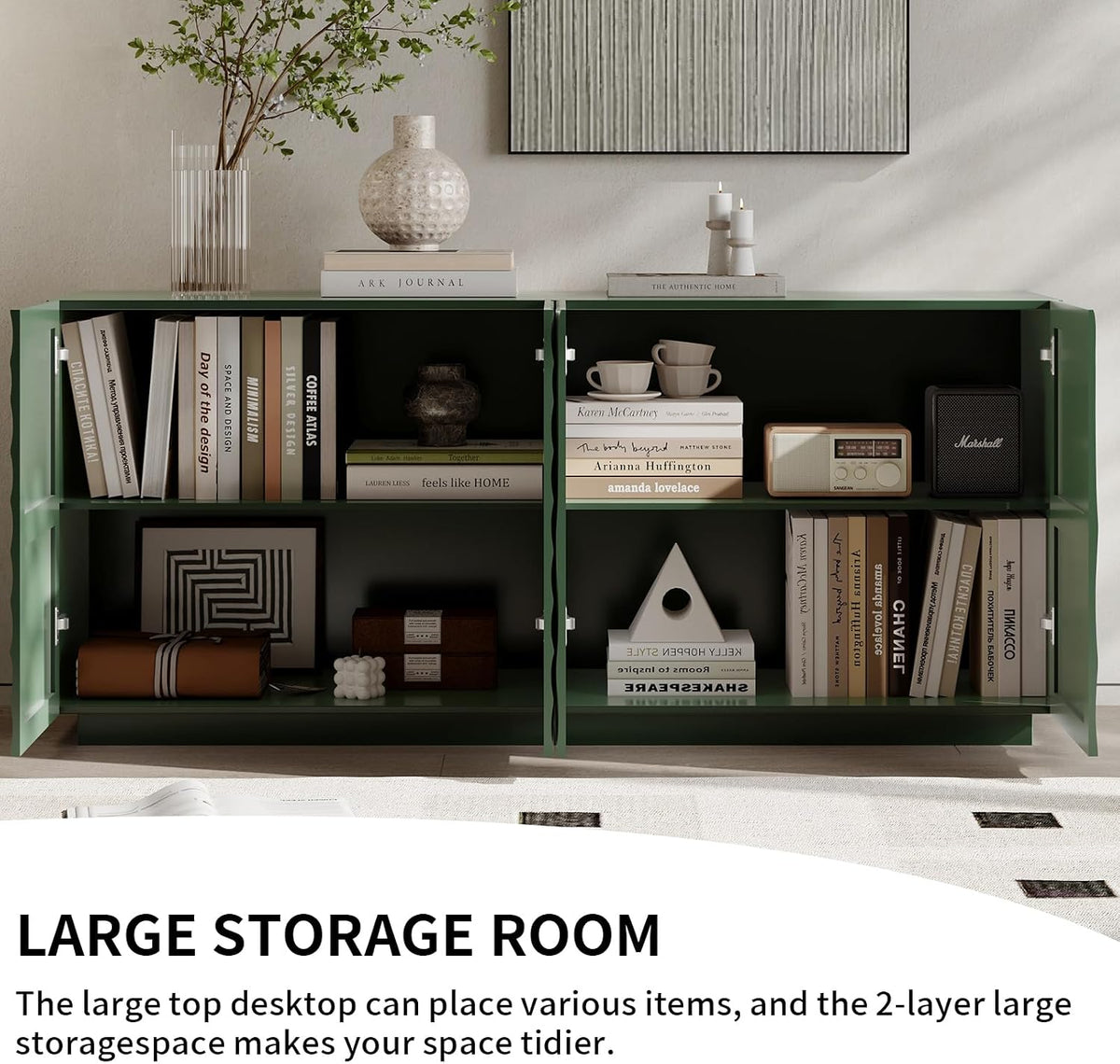 LKTART 59" Sideboard Buffet Cabinet with Storage, 4 Doors Modern Accent Storage Sideboard, Floor Cabinet Buffet with Spiral Grain for Kitchen, Living Room (Green)