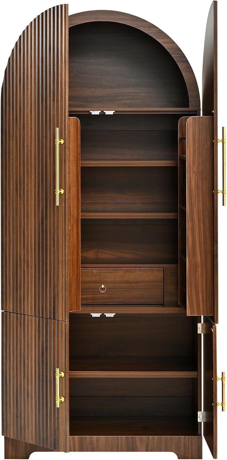 72" Tall Arched Kitchen Pantry Cabinet with Fluted Doors & 8 Shelves, Brown | Storage Cabinet with 3 Adjustable Shelves & Hidden Drawer, Versatile Cupboard for Kitchen, Dining Room