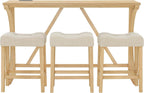 Merax 59 Inch Industrial Bar Table Set with Power Outlet, 3 Linen Upholstered Stools, Counter Height Table Set with 24 Inch Seat Height Stools for Kitchen, Living Room,Light Oak+Beige
