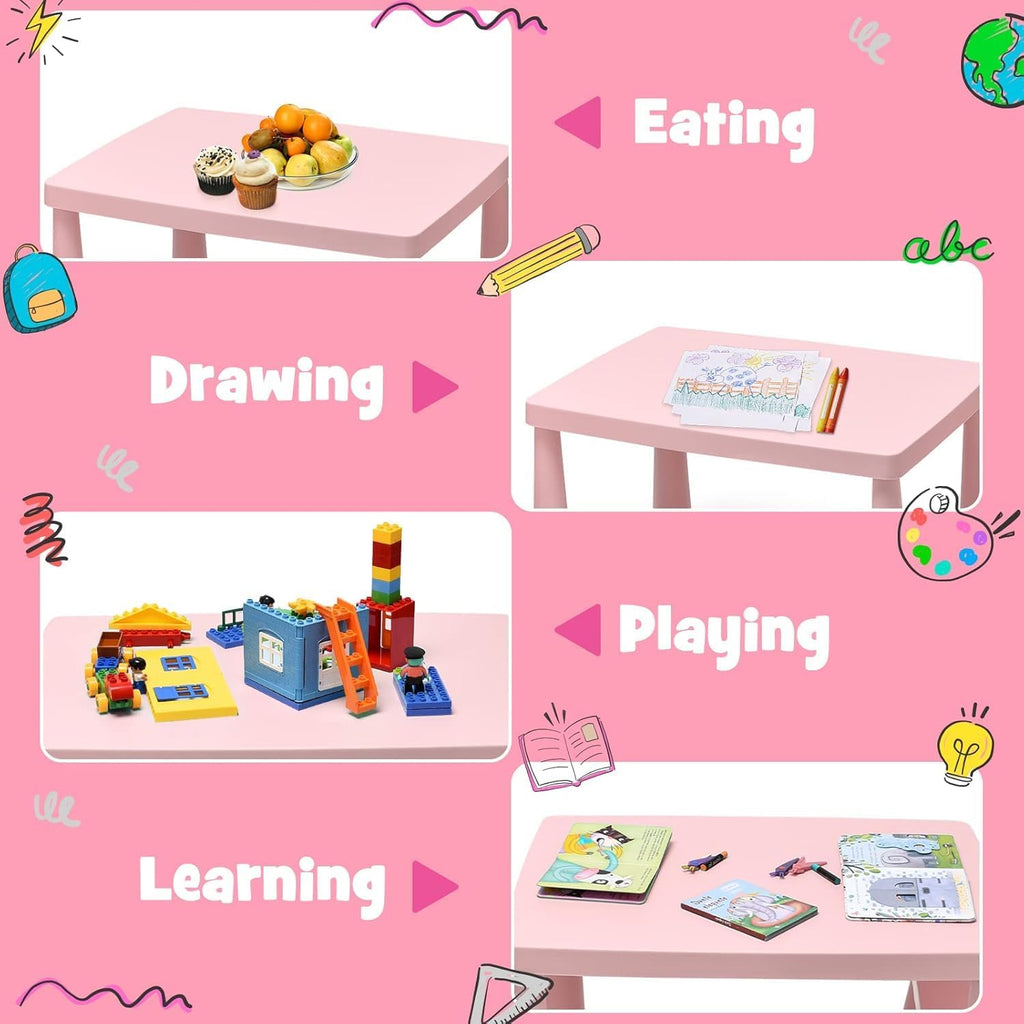 LDAILY Kids Table and Chairs, 3-Piece Children Activity Table for Drawing, Reading, Art Craft and Snack Time, Lightweight Plastic Toddler Table and Chair Set for Playroom, Daycare, Kindergarten (Pink)