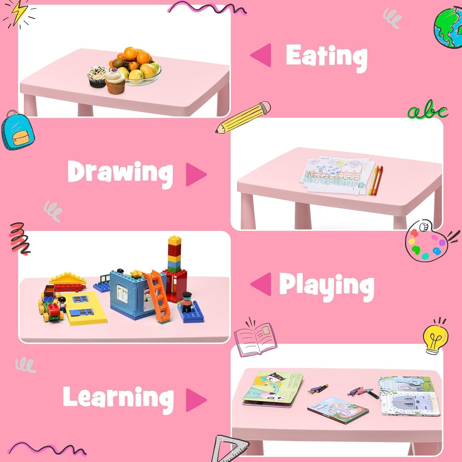 LDAILY Kids Table and Chairs, 3-Piece Children Activity Table for Drawing, Reading, Art Craft and Snack Time, Lightweight Plastic Toddler Table and Chair Set for Playroom, Daycare, Kindergarten (Pink)
