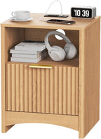 Marsail Fluted Nightstand with Charging Station, Adjustable Bedside Table with USB & AC Ports, 1 Drawer End Table, Wood Grain Finish, Sleek Wide Handle, Perfect for Bedroom, Natural Oak