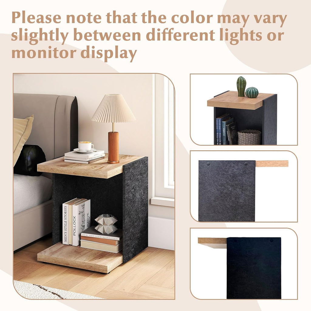 Giantex Modern End Table Set of 2, 2-Tier Sofa Side Table with Open Storage Shelf, Wooden Bedside Table, Rustic C Shaped Nightstand for Living Room, Bedroom, Small Spaces, Oak & Black