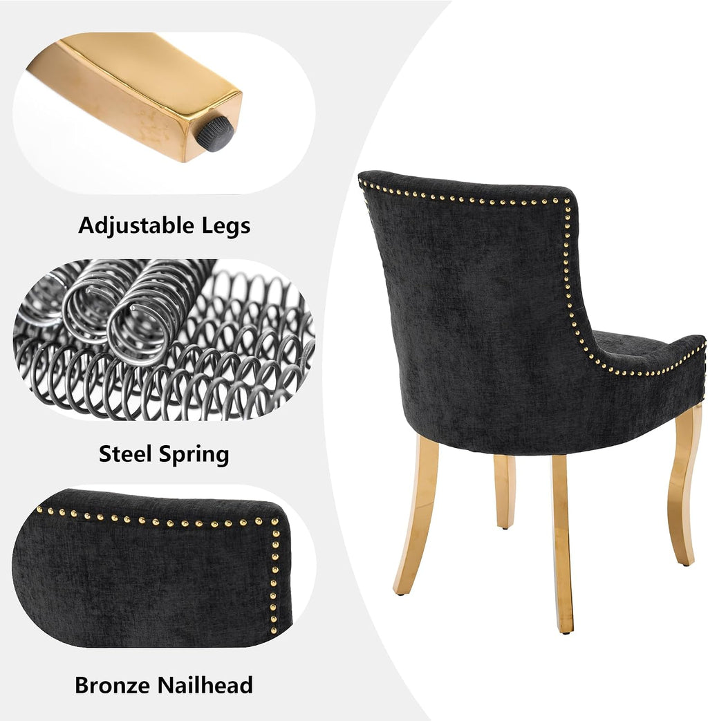Luxury Fabirc Upholstered Dining Chairs Set of 2,Neutral Chenille Kitchen Room Chair with Nailhead Trim,Modern Padded Side Chairs for Dining Room,Living Room,Bar (Black-Gold, Set of 2)