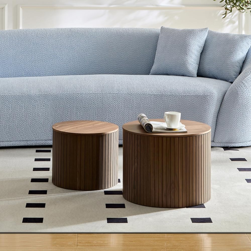 Nesting Coffee Tables Set of 2, Walnut MDF, Handcrafted Round Design | 2-Piece Nested Table Set with Space-Saving Round Design for Living Room or Lounge Area