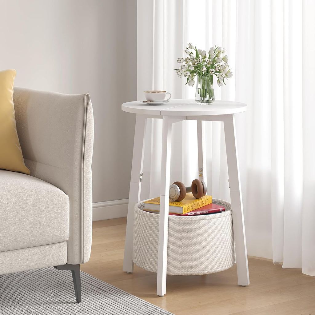 sthmec Small Round Side End Table with Cloth Storage Basket, Round Bedside Sofa Couch Coffee Tables for Small Places with Metal Frame, Modern Nighstands for Living Room Bedroom,White
