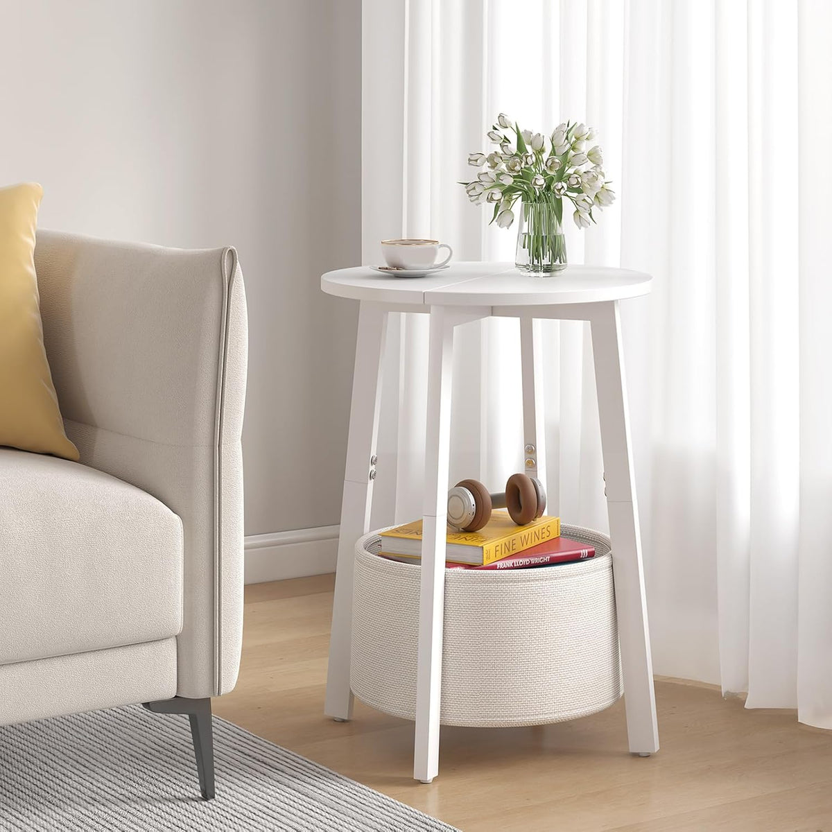 sthmec Small Round Side End Table with Cloth Storage Basket, Round Bedside Sofa Couch Coffee Tables for Small Places with Metal Frame, Modern Nighstands for Living Room Bedroom,White