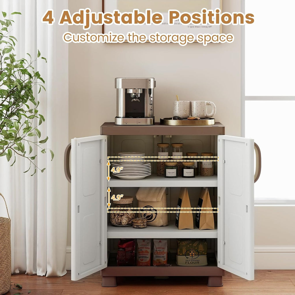 GIANTEX Storage Cabinet with 2 Doors and Adjustable Shelves, Modern Plastic Base Garage Organizer, Floor Sideboard for Kitchen, Dining Room, Bathroom (Wide-29"x19"x37",White+Brown)