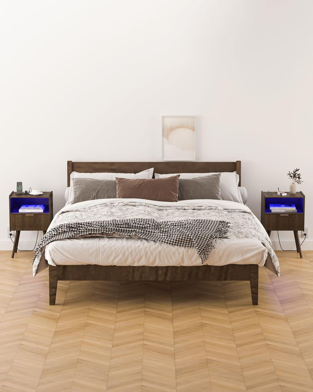 Leomonio Walnut Brown Nightstand, Modern Bedside Table with Charging Station & LED Lights, Plus Storage Drawer, Open Wood Shelf and Solid Wood Legs, for the Living Room, Bedroom & Small Spaces