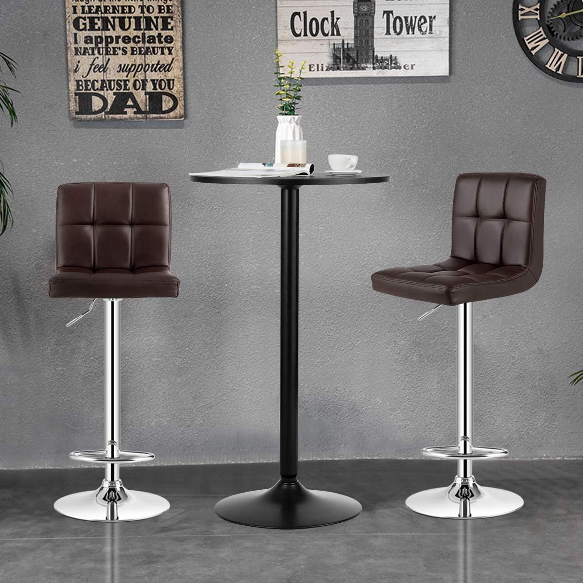 COSTWAY 3-Piece Bar Table Set, Counter Height Table Set with 2 Bar Stools | Round Cocktail Table and PU Leather Adjustable Swivel Chairs, for Kitchen, Office, Brown
