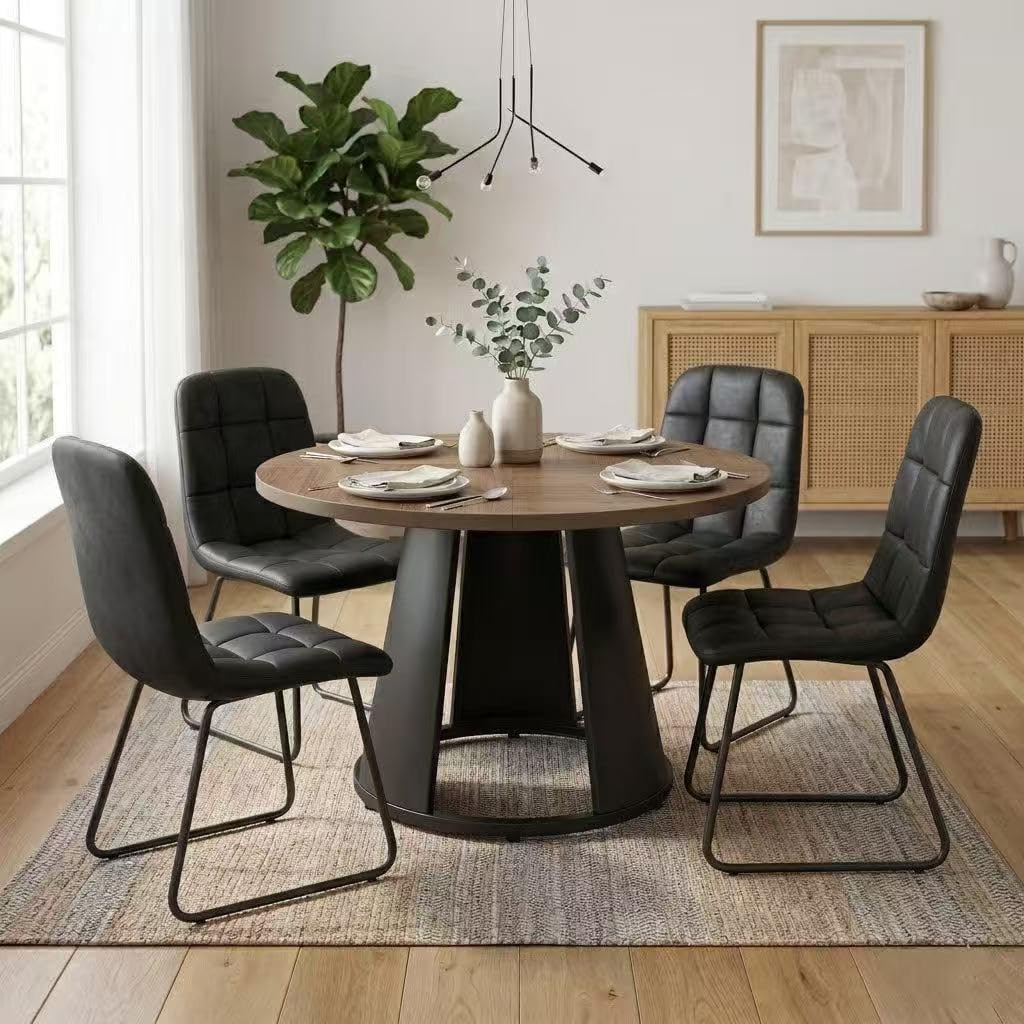 HIPIHOM 47.2” Round Dining Table Set for 4 Modern Wood Table with 4 Upholstered Chairs, Metal Pedestal Base, Space-Saving Kitchen & Dining Furniture for Small Apartments and Compact Spaces
