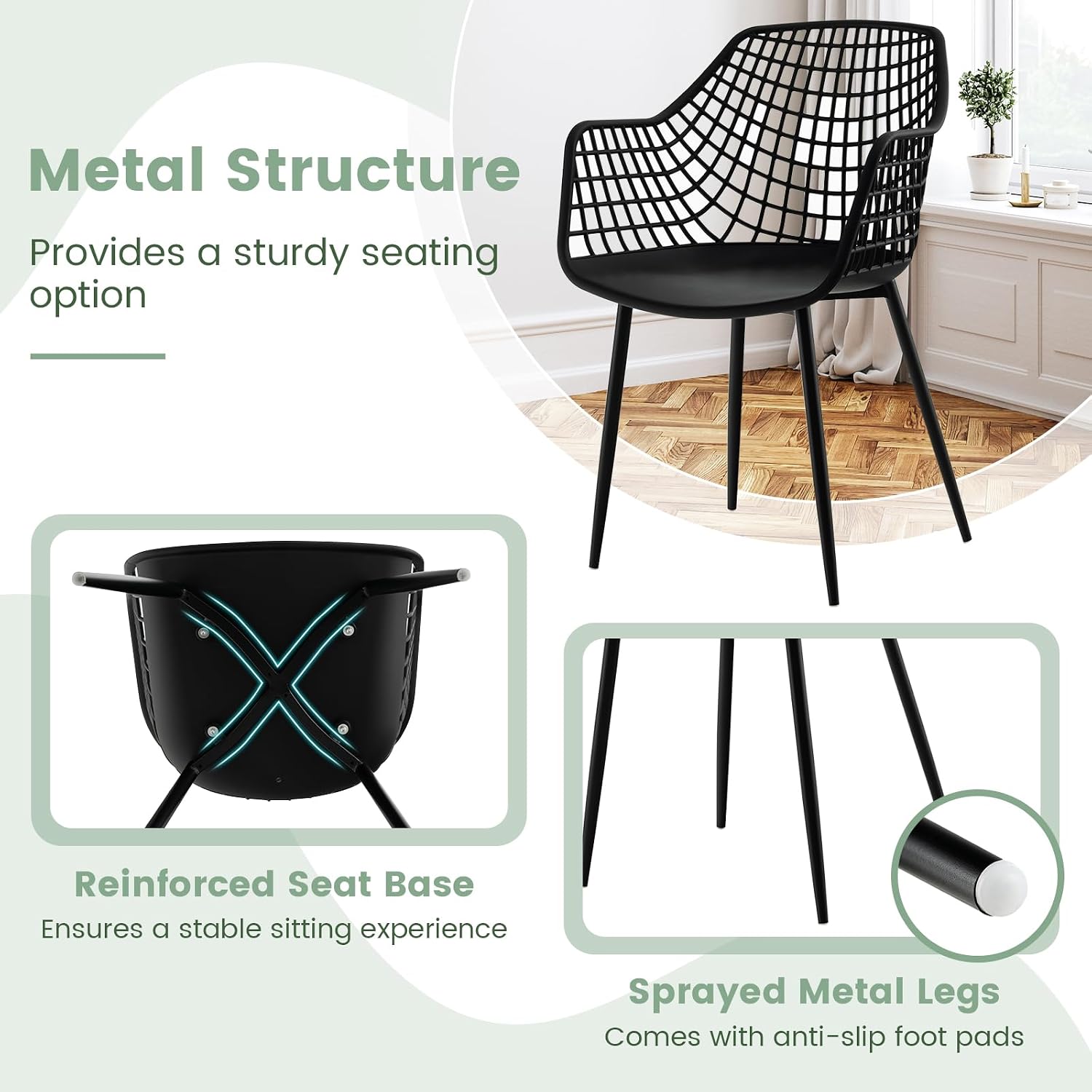 GOFLAME Dining Chairs Set of 4, Plastic Kitchen Chairs with Metal Legs, Hollowed Backrest and Curved Seat, Modern Accent Chairs, Armless Side Chairs for Living Room, Dining Room, Bedroom, Black